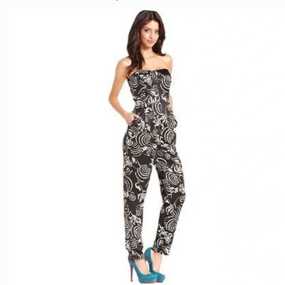 RACHEL ROY BLACK AND IVORY SATIN STRAPLESS JUMPSUIT